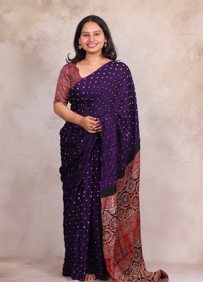 Purple Hand Knotted Bandhej Modal Silk Saree with Ajrakh Pallu | Looms & Tassels