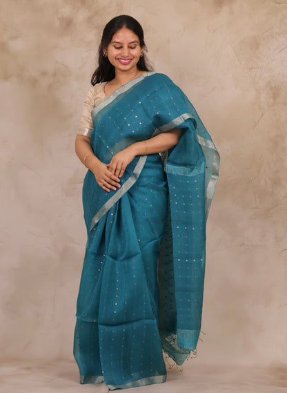 Teal Blue Handwoven Muslin Silk Saree With Sequence Work | Looms & Tassels