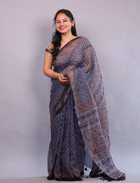 Indigo Ajrakh Hand Block Printed Kota Doria Saree | Looms & Tassels