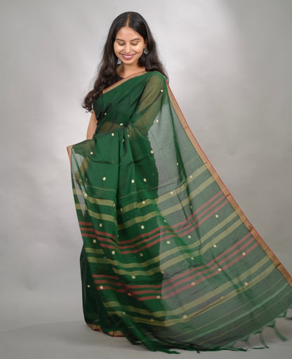 Green Narayanpet Cotton Saree With Butta Weaving | Looms & Tassels