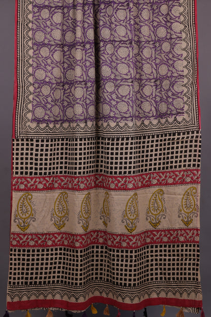 Lavender Bagru Handblock printed MulMul cotton saree with Tassels
