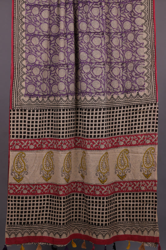 Lavender Bagru Handblock printed MulMul cotton saree with Tassels