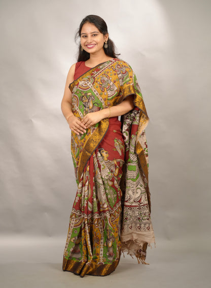 Red Kanchi border Kalamkari chennur silk saree