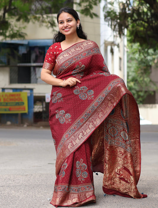 Maroon Ajrakh Dola Silk Saree