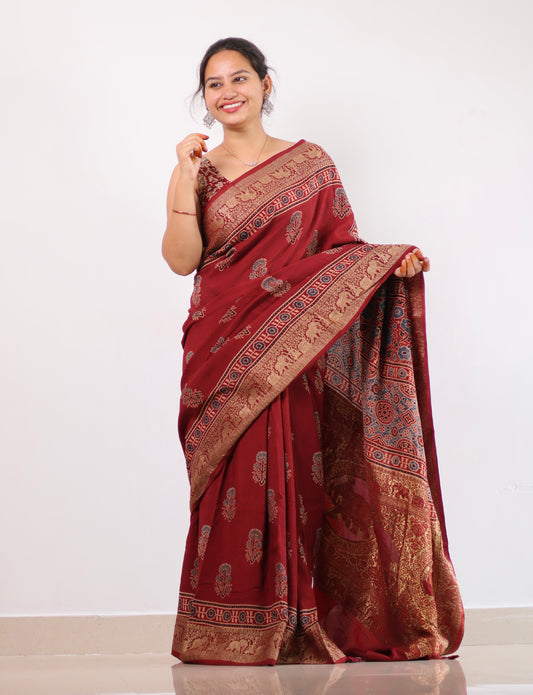 Ajrakh Dola Silk Saree