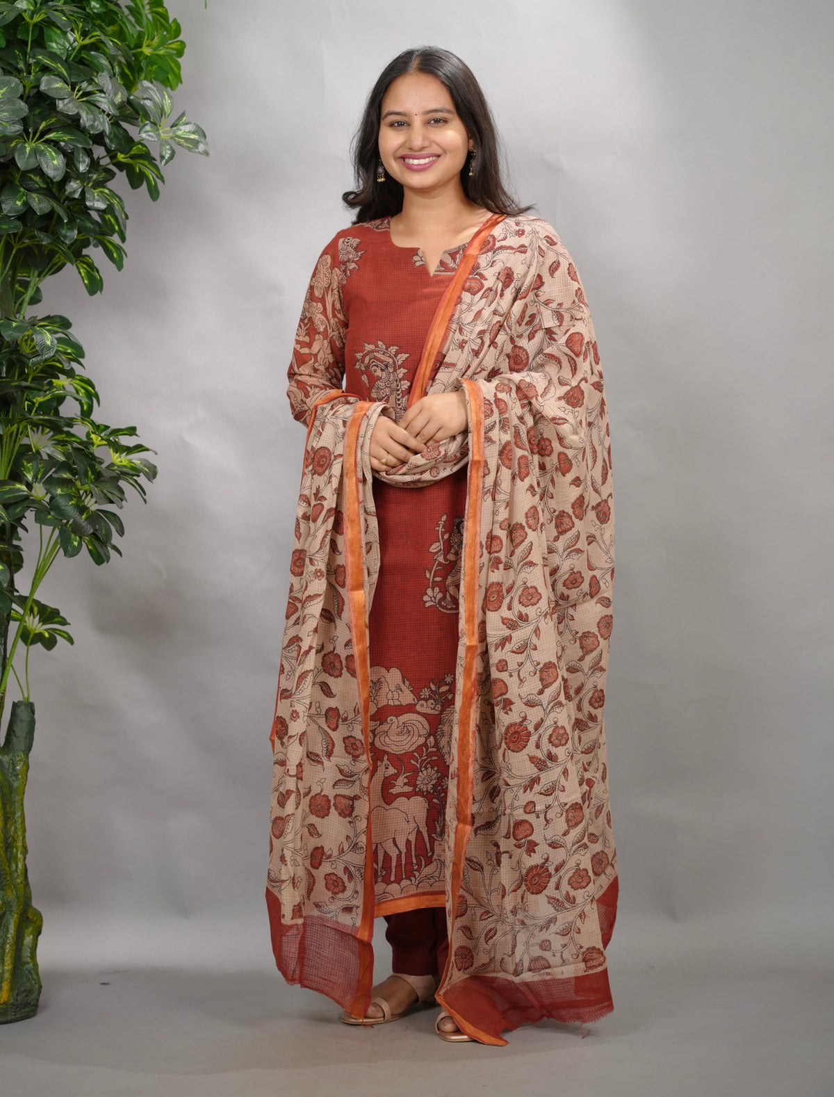 Maroon Kalamkari Kota Cotton 3 piece suit (stitched) | Looms & Tassels