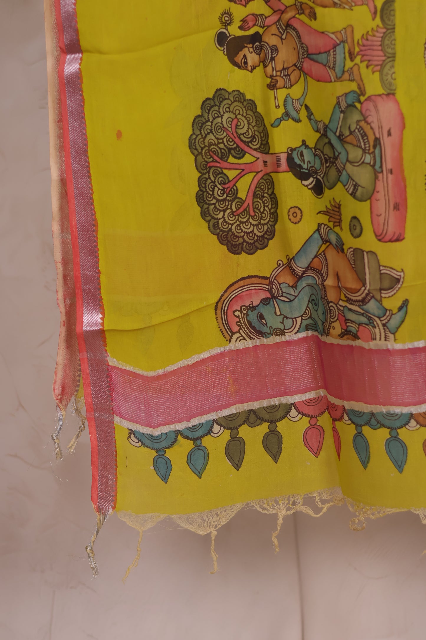 Yellow Pen Kalamkari Mangalagiri silk Dupatta