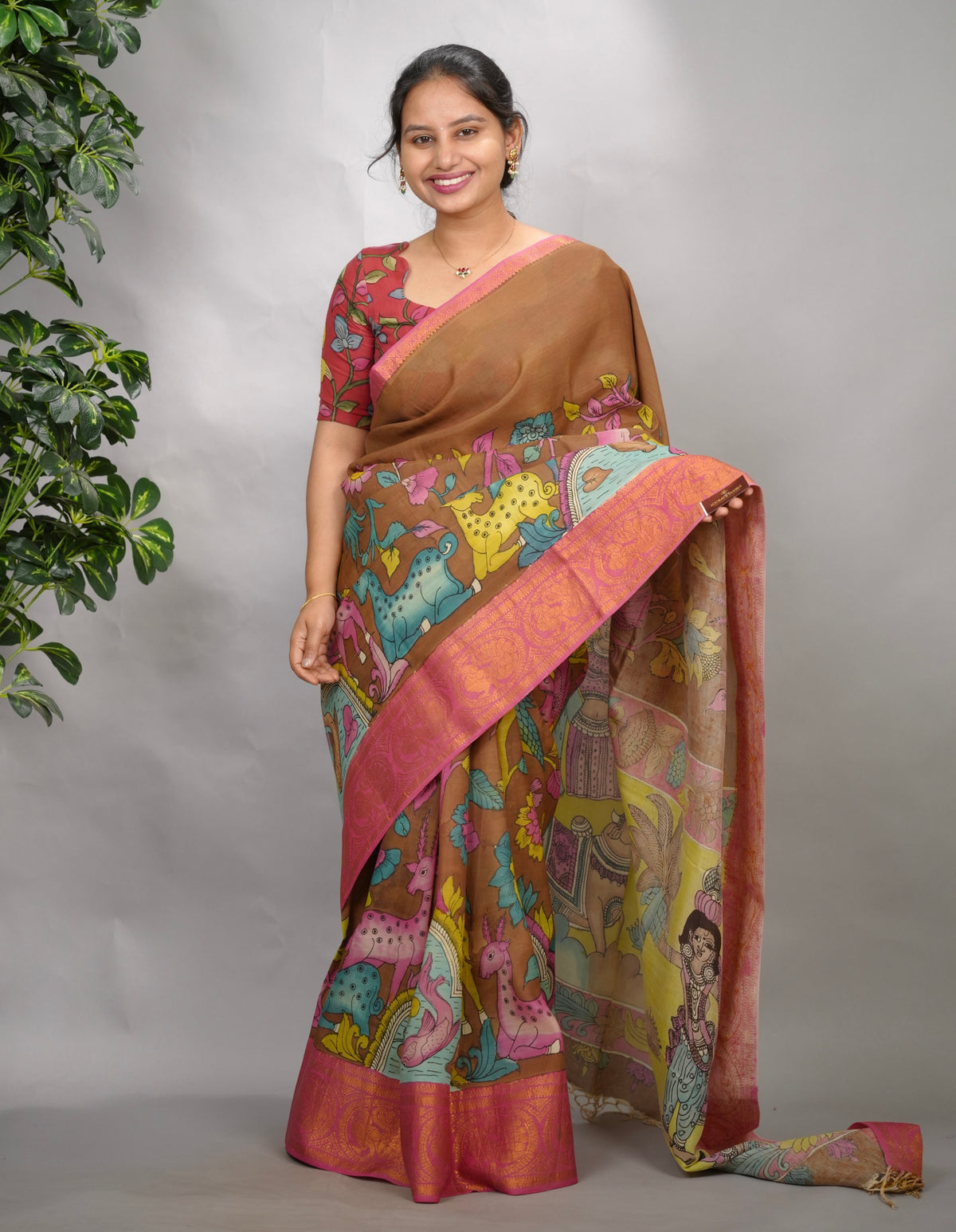 Brown Hand Drawn Pen Kalamkari Bangalore Silk Kanchi Border Saree | Looms & Tassels