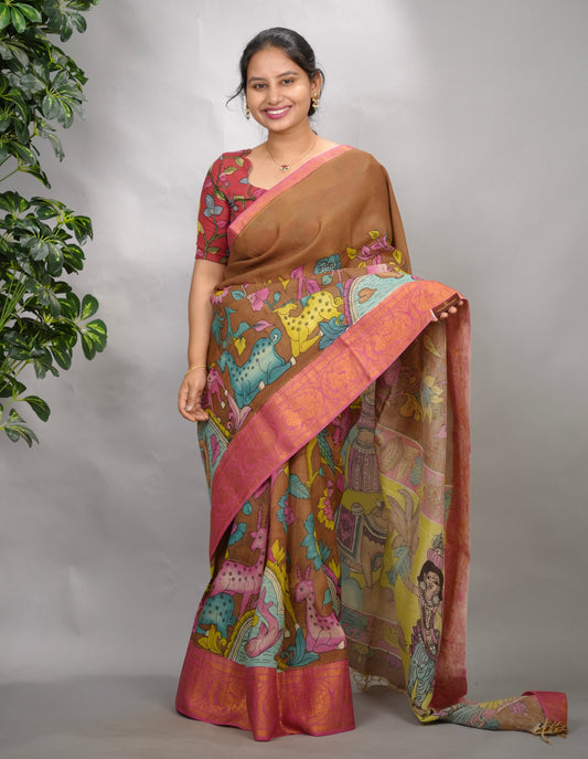 Brown Hand Drawn Pen Kalamkari Bangalore Silk Kanchi Border Saree | Looms & Tassels