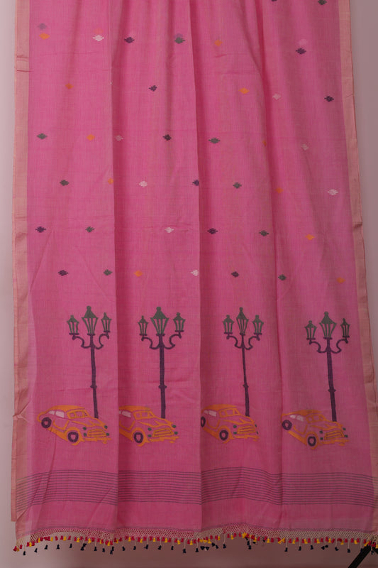 Pink Pure Handwoven Jamdhani Malai Cotton Saree