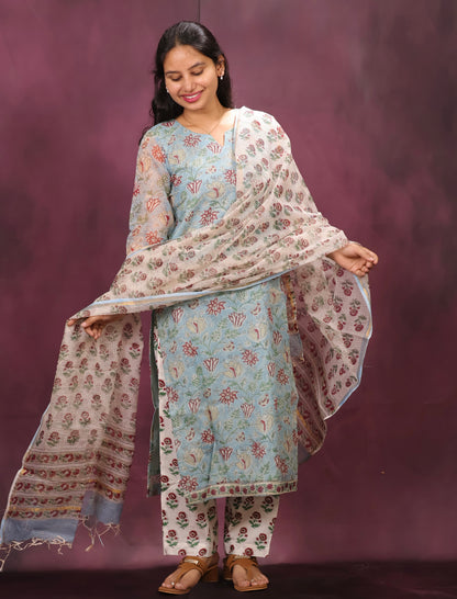 Sky Blue Handblock printed kota 3 piece suit (stitched)