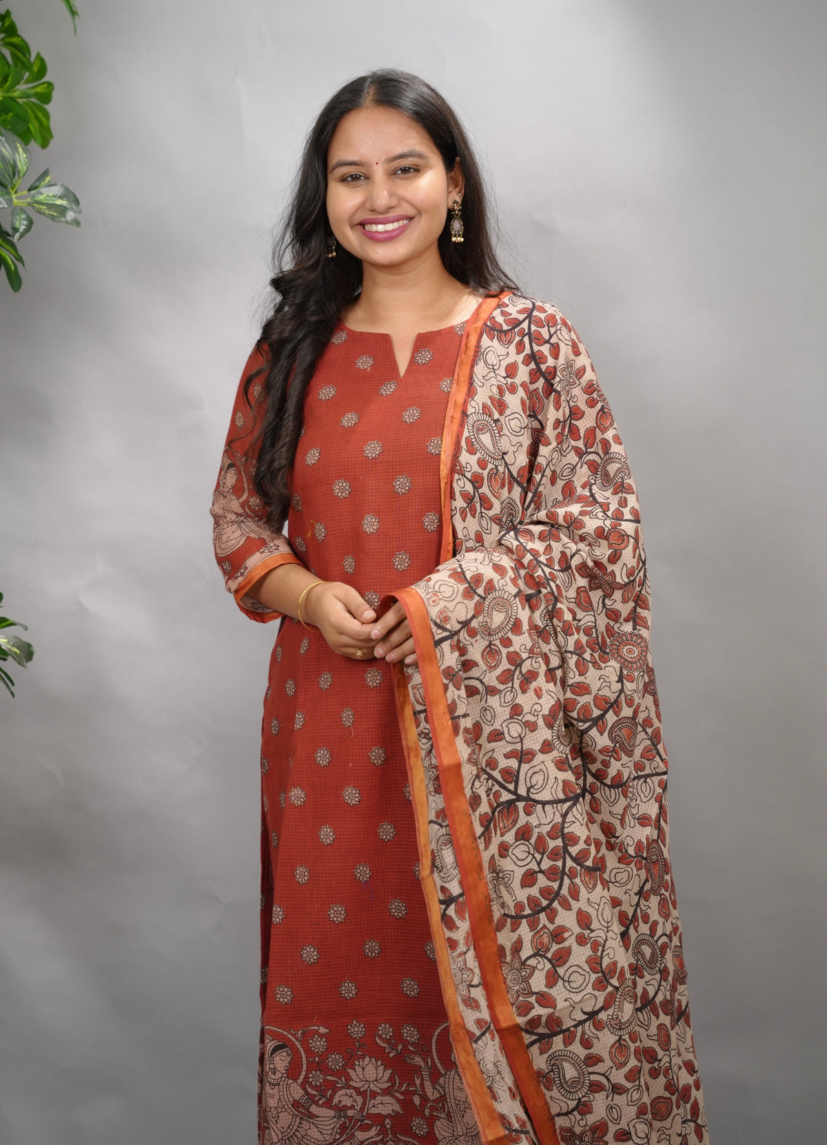 Maroon Kalamkari Kota Cotton 3 piece suit (stitched) | Looms & Tassels