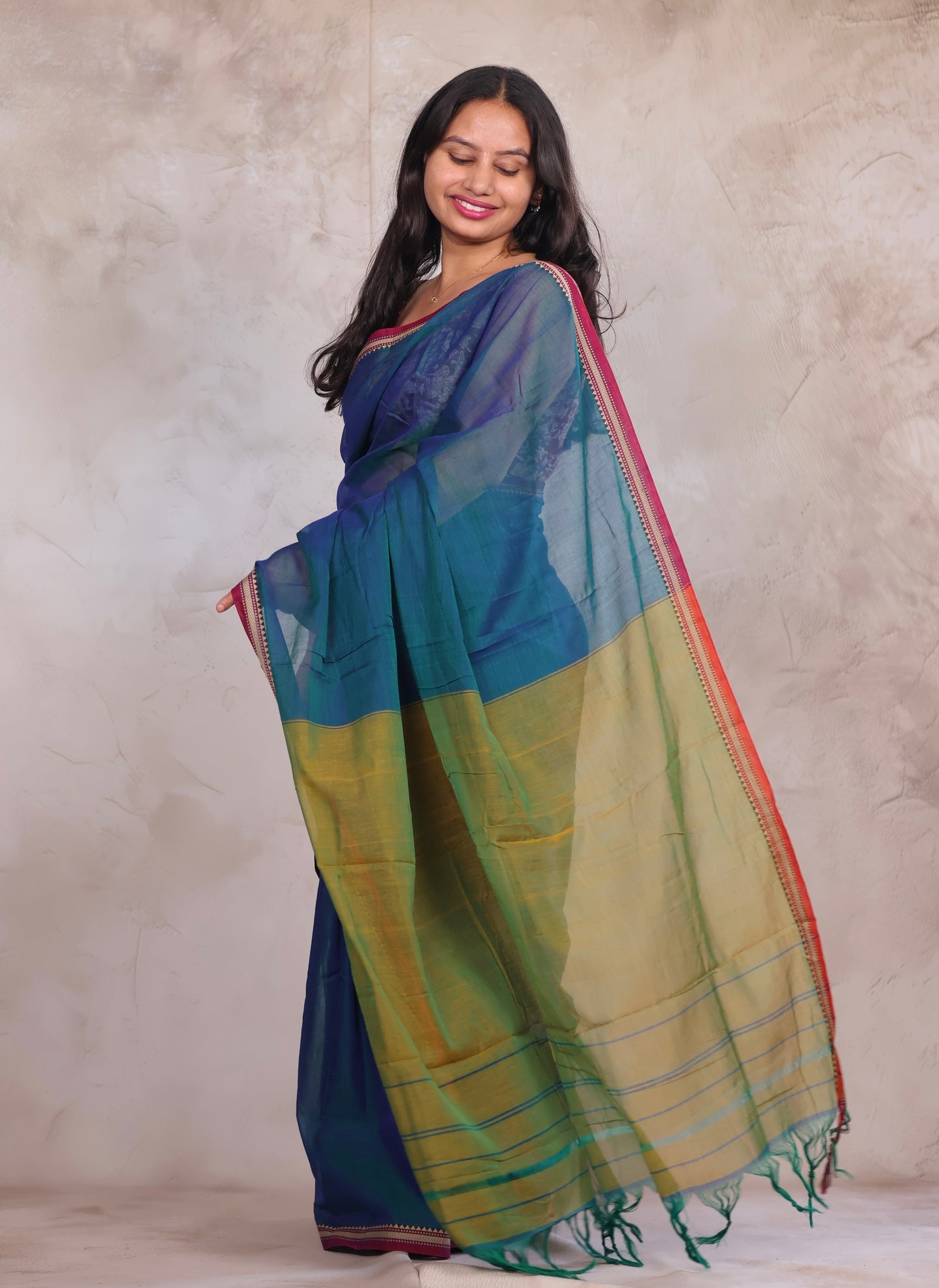 Rama Blue Narayanpet Cotton Saree | Looms & Tassels