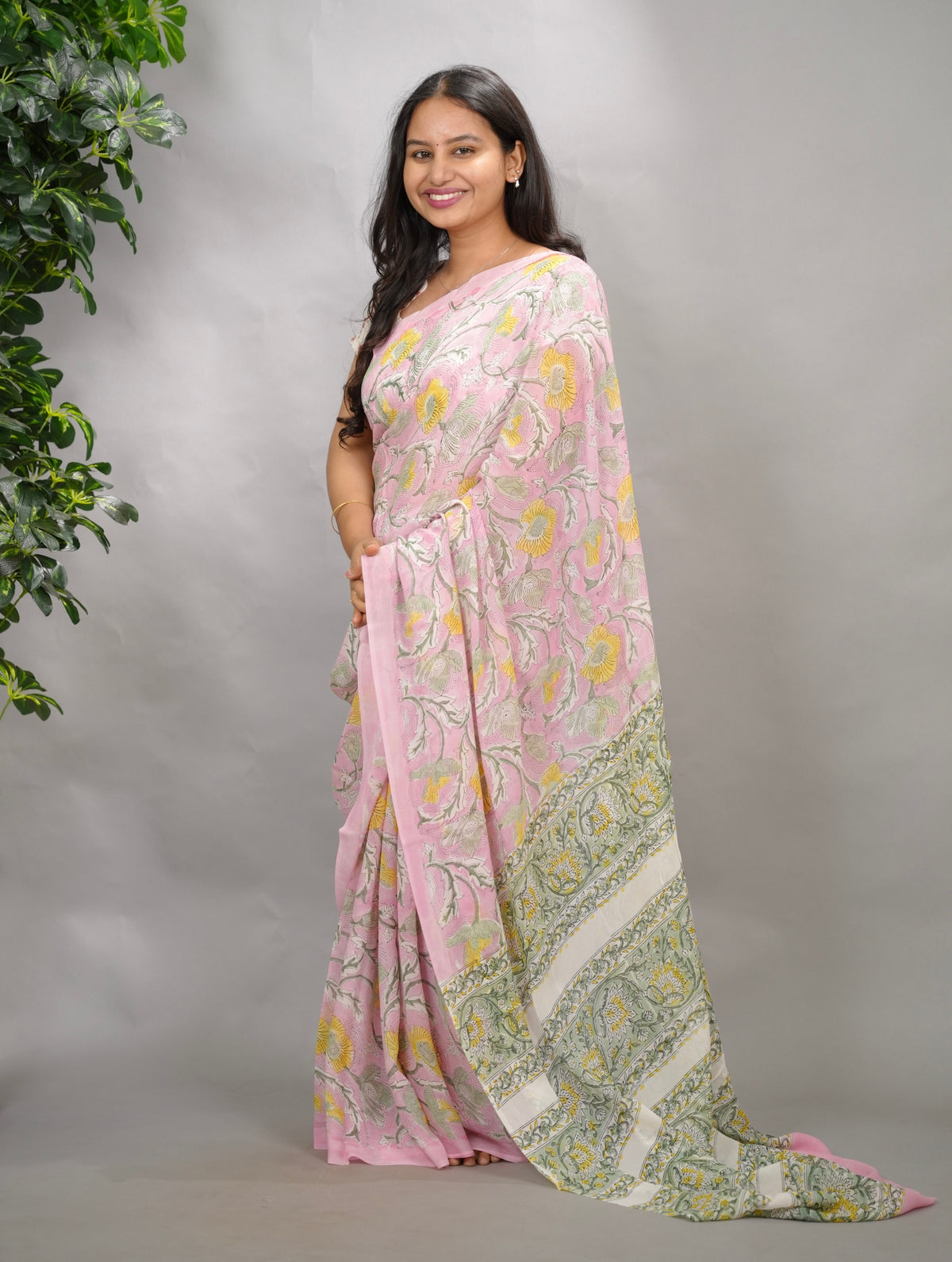 Pastel Pink Georgette Hand Block Printed Saree| Looms & Tassels