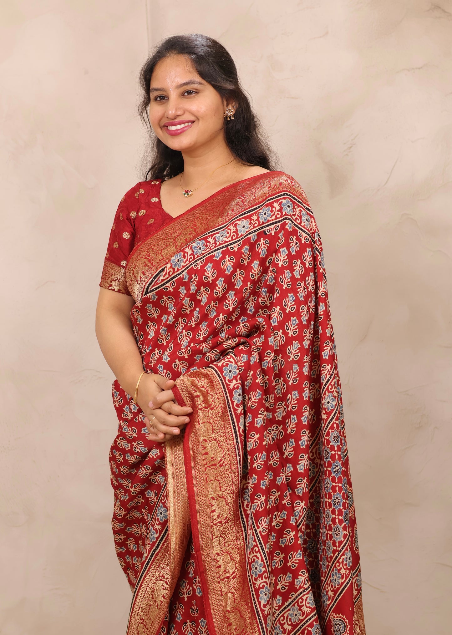 Red Ajrakh Handblock printed Dola Silk Saree | Looms & Tassels