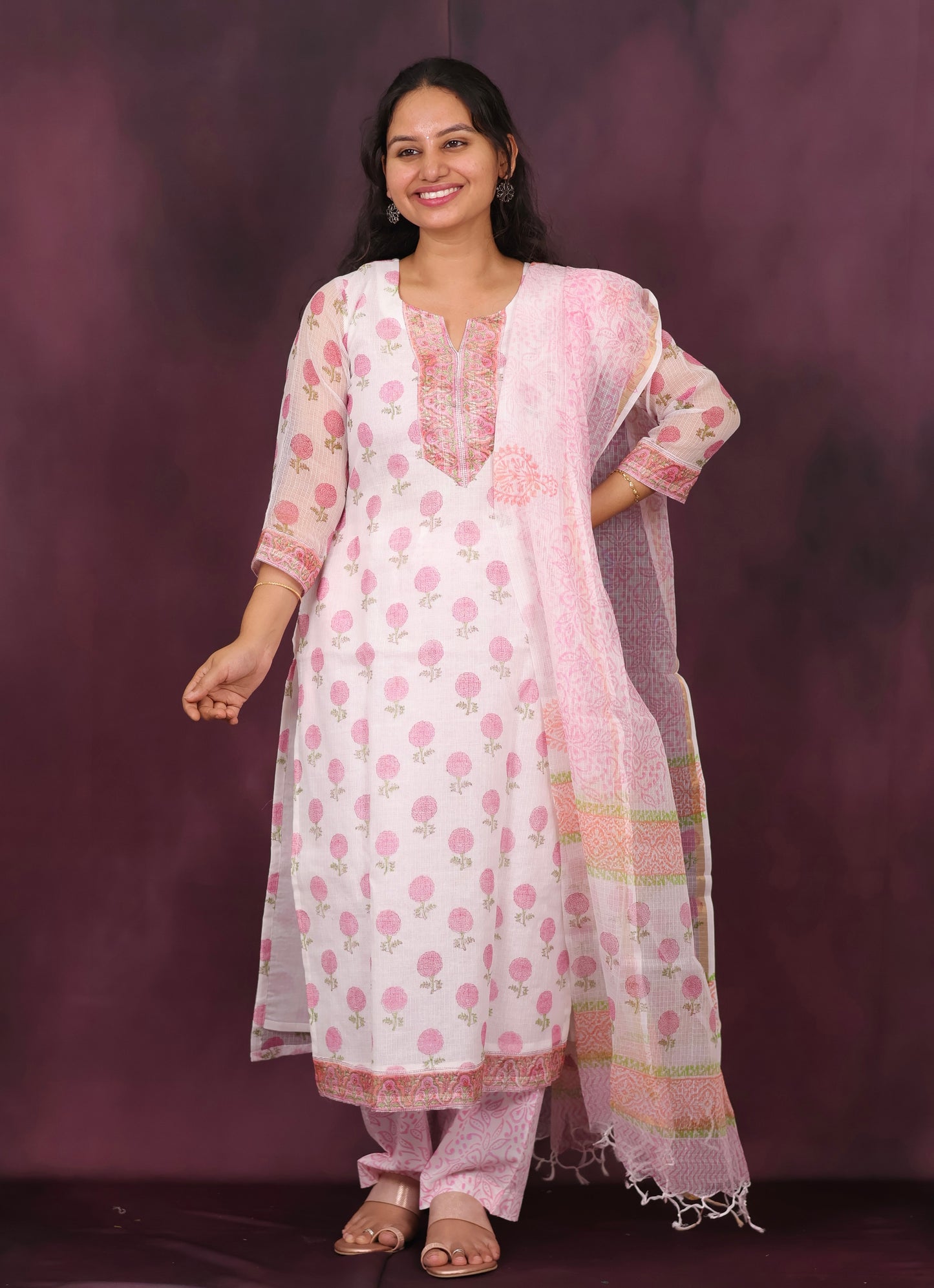 White Handblock printed kota 3 piece suit (stitched)