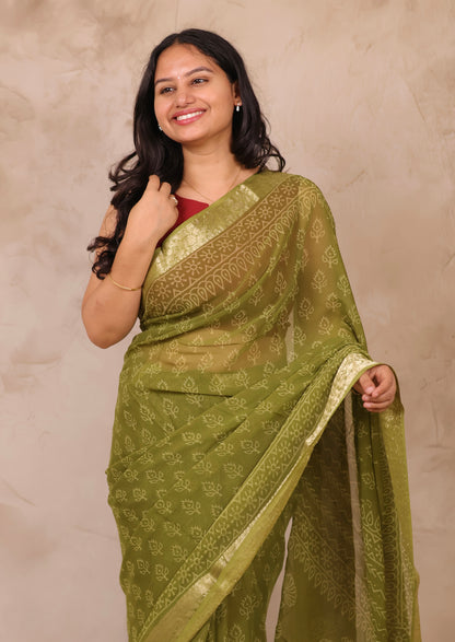 Green Chiffon Hand Block Printed Saree with Jari Border | Looms & Tassels