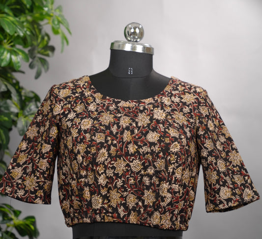 Black Boat Neck Stretchable Hand block printed kalamkari blouse (Elbow Sleeves) | Looms & Tassels