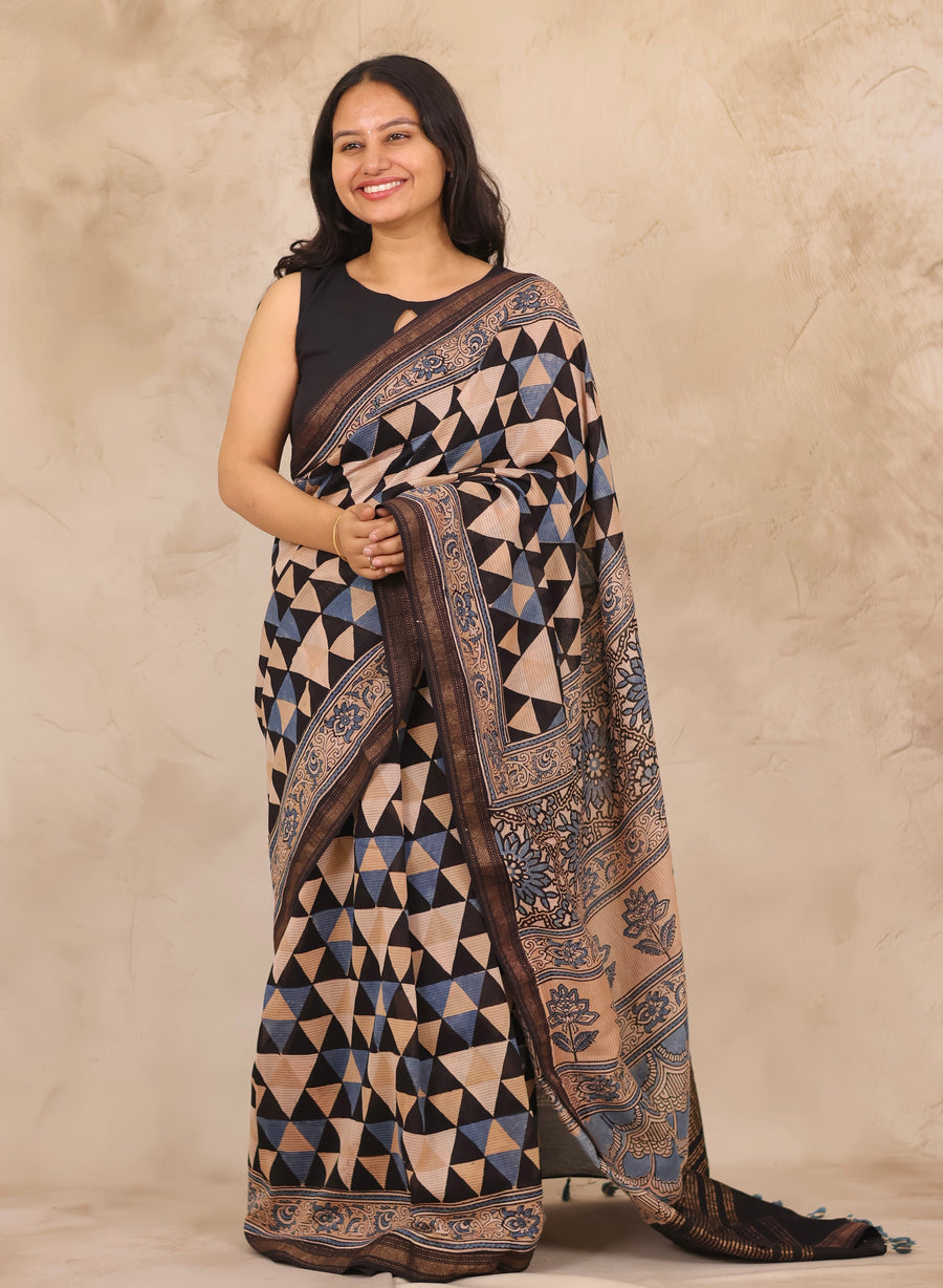 Maheswari Silk Cotton Ajrakh Handblock Printed Saree | Looms & Tassels