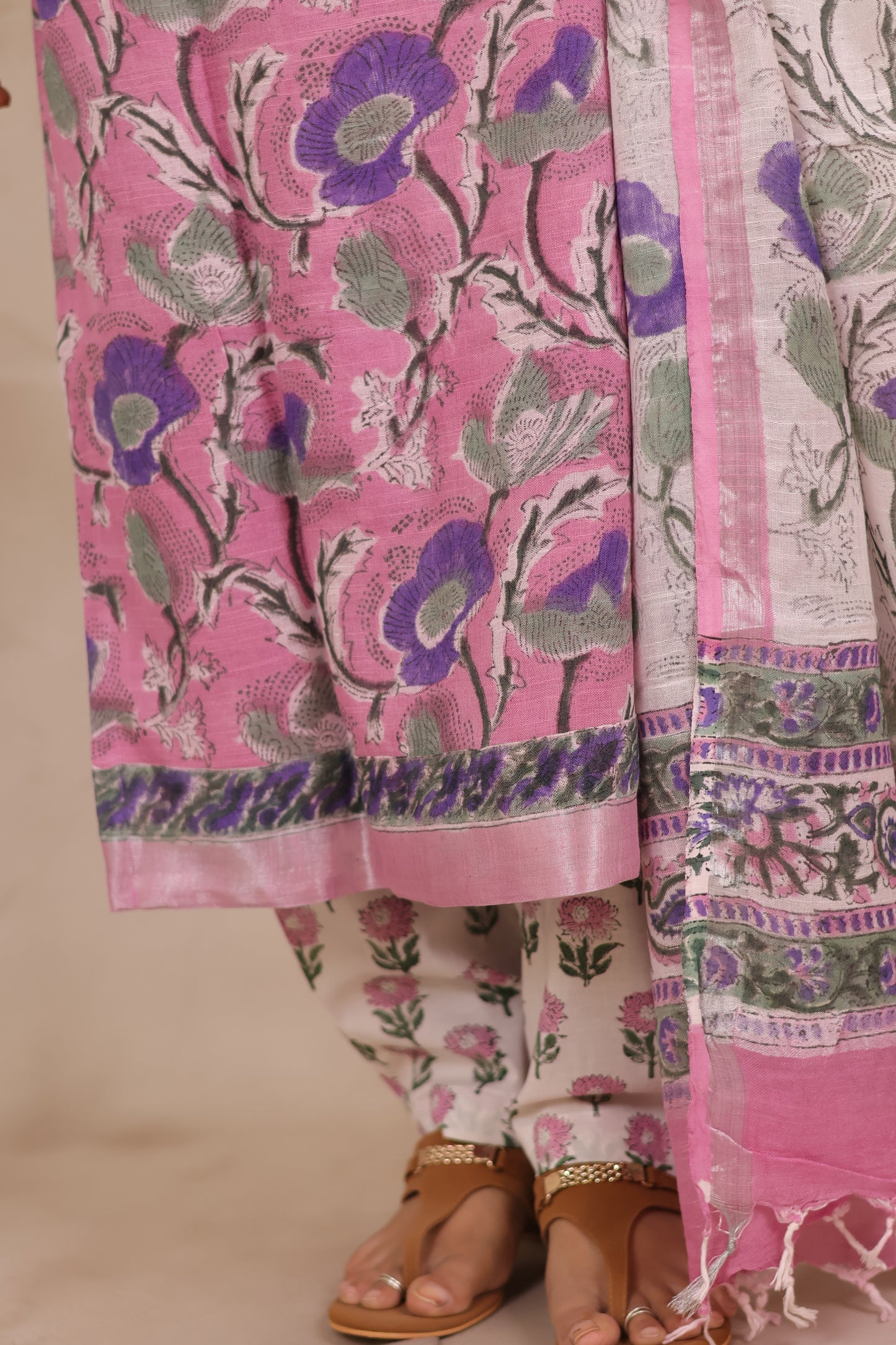 Pastel Pink Linen Cotton Handblock printed 3 piece suit (stitched)