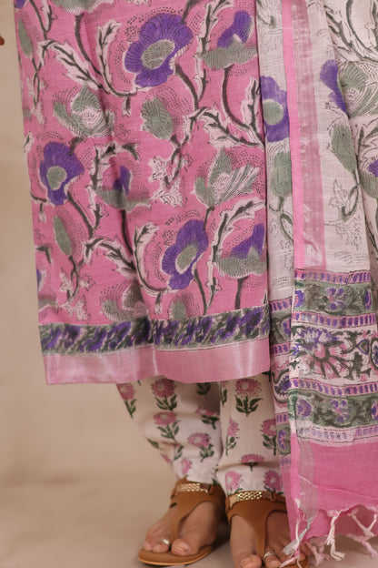 Pastel Pink Linen Cotton Handblock printed 3 piece suit (stitched)