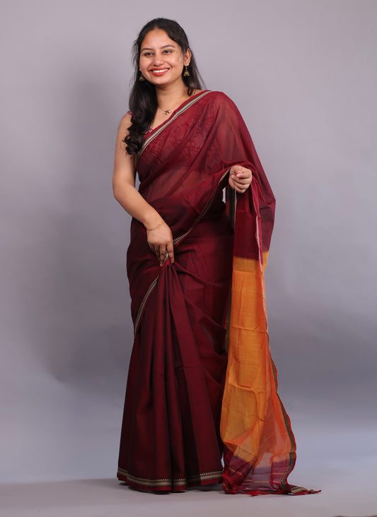 Maroon Narayanpet Cotton Saree | Looms & Tassels