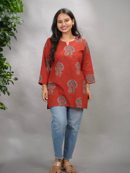 Maroon Ajrakh Hand Block Printed Short Top