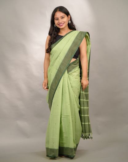 Pista Green Handloom Venkatagiri Cotton Saree Without Blouse | Looms & Tassels