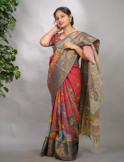 Pink Hand Drawn Pen Kalamkari Bangalore Silk Kanchi Border Saree | Looms & Tassels