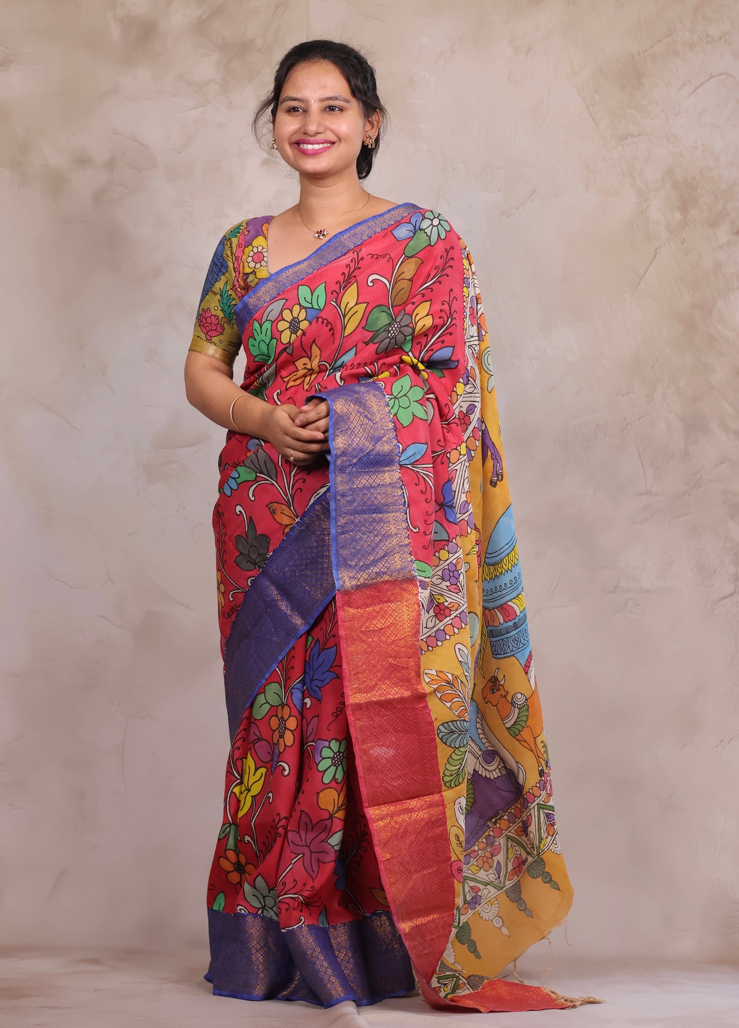 Hand Drawn Pen Kalamkari Pink And Blue Bangalore Silk Kanchi Border Saree | Looms & Tassels