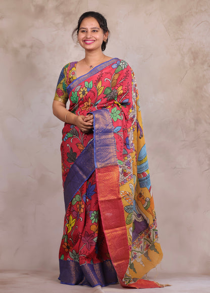 Hand Drawn Pen Kalamkari Pink And Blue Bangalore Silk Kanchi Border Saree | Looms & Tassels