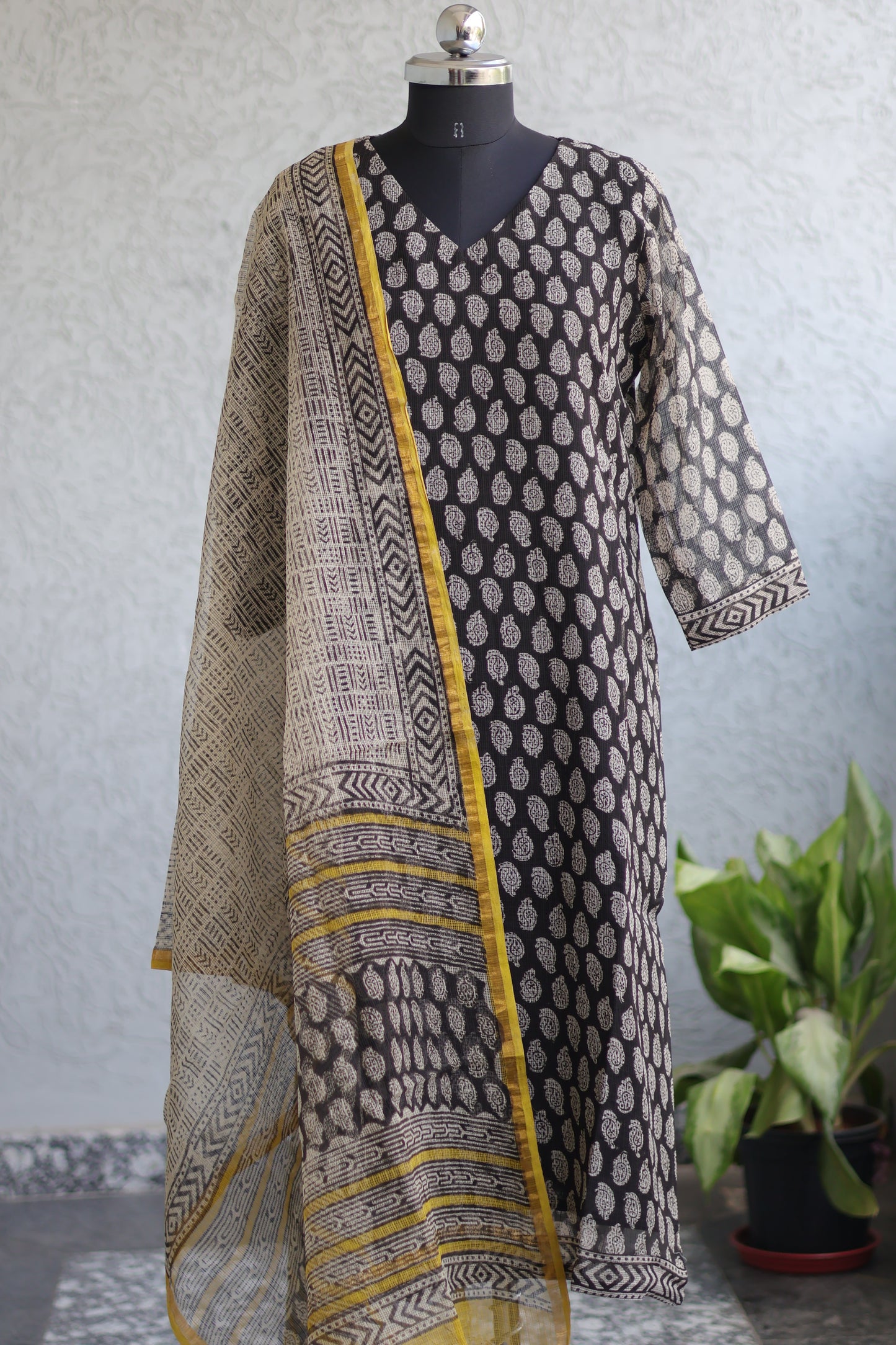 Black Handblock printed kota 3 piece suit (stitched)
