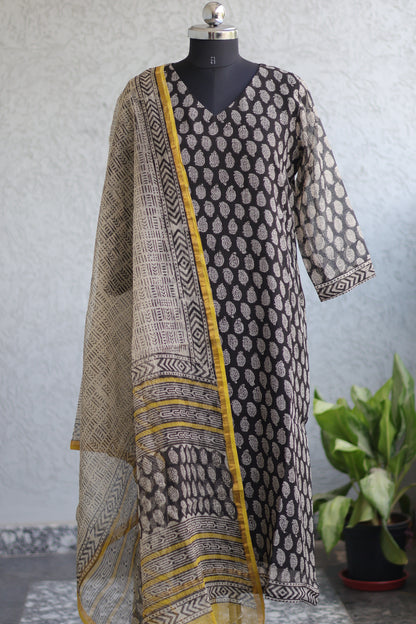 Black Handblock printed kota 3 piece suit (stitched)