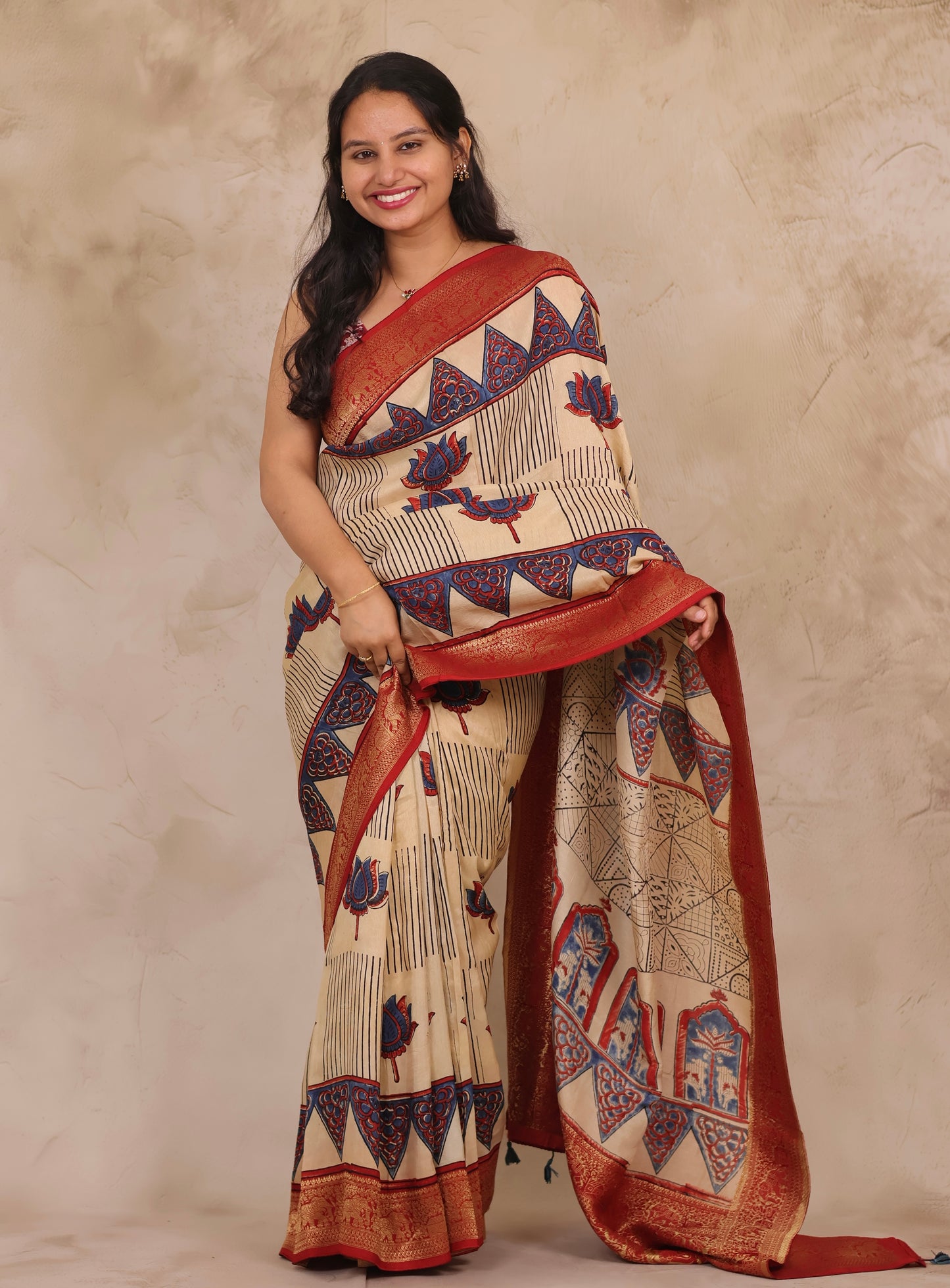 Cream Lotus Ajrakh Handblock printed Dola Silk Saree | Looms & Tassels