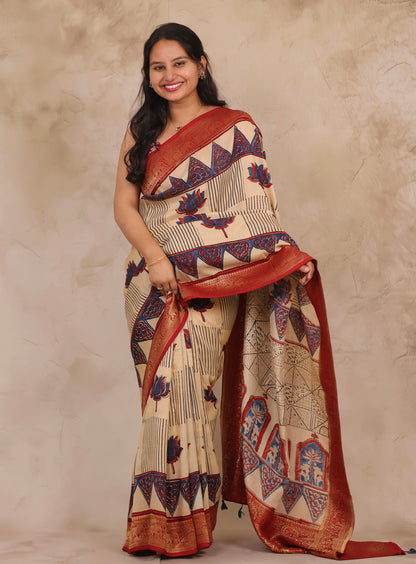 Cream Lotus Ajrakh Handblock printed Dola Silk Saree | Looms & Tassels