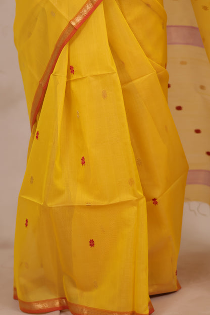 Yellow Handloom Maheswari Silk Cotton Sarees | Looms & Tassels