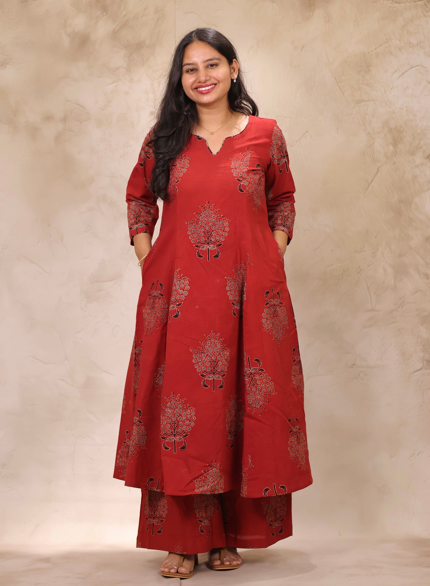 Red Ajrakh Handblock Printed Kali Kurti Co-ord Set (Pure Cotton ) | Looms & Tassels