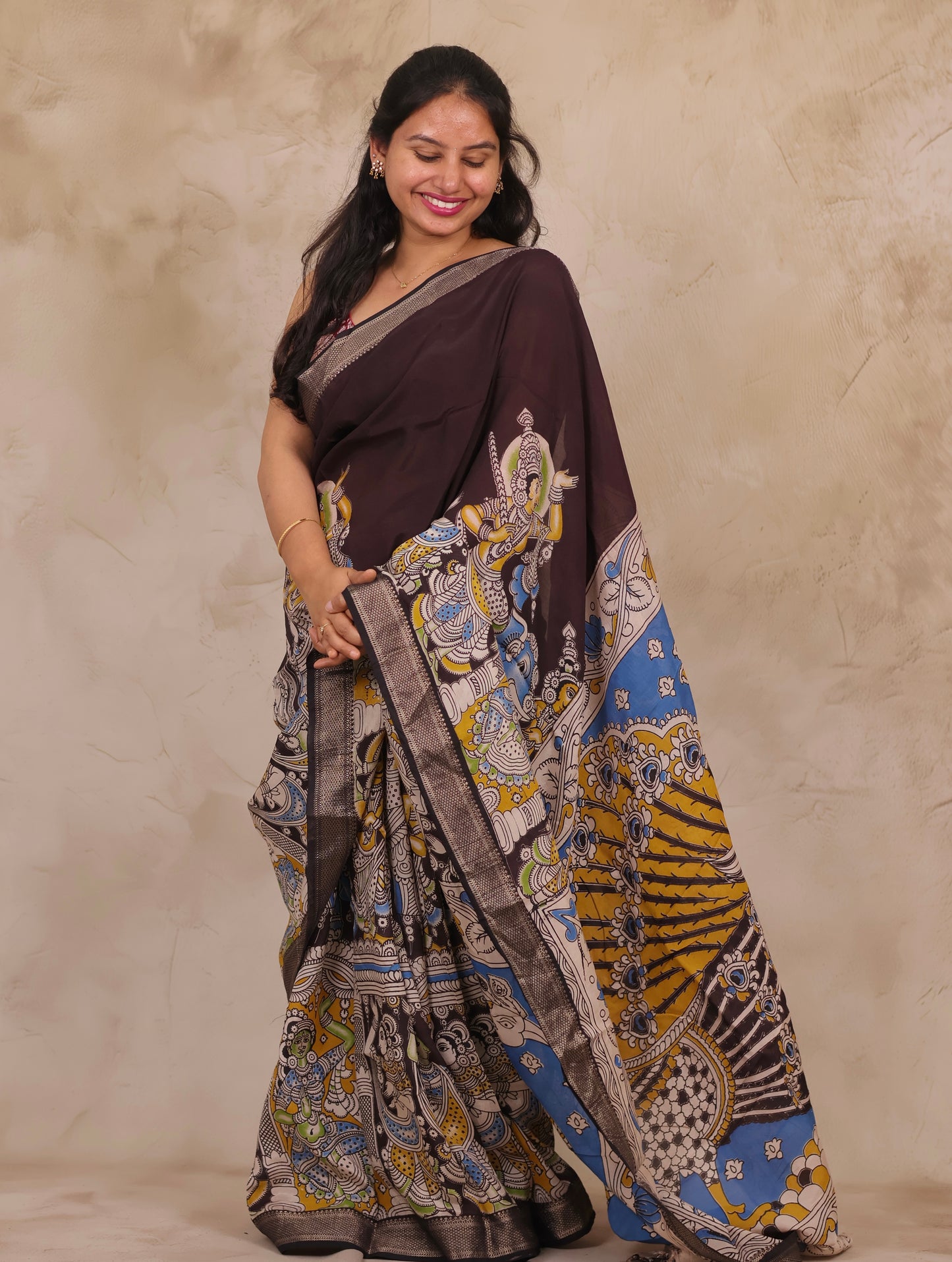 Chocolate Brown Story Telling Kalamkari Nizam Border Chennur Silk Saree | Looms & Tassels