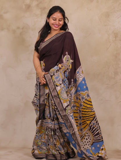 Chocolate Brown Story Telling Kalamkari Nizam Border Chennur Silk Saree | Looms & Tassels