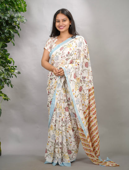 Off White Georgette Hand Block Printed Saree| Looms & Tassels