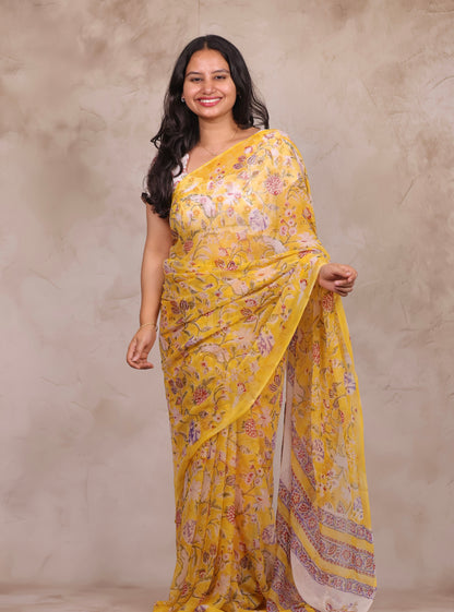 Yellow Chiffon Hand Block Printed Saree | Looms & Tassels