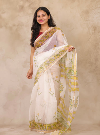 White Pure Kota Doria Saree with Bagru Handblock Prints | Looms & Tassels