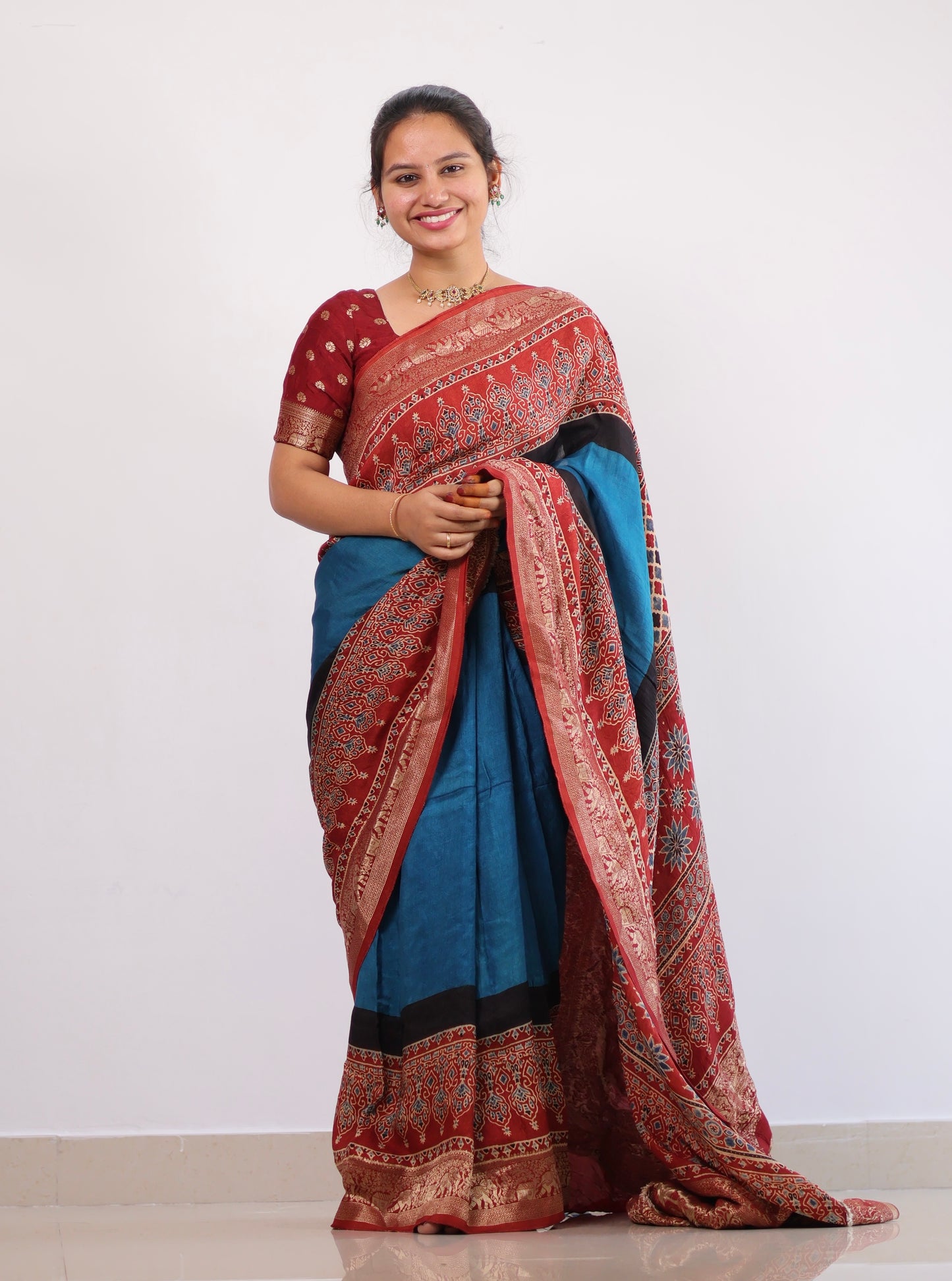 Ajrakh Dola Silk Saree