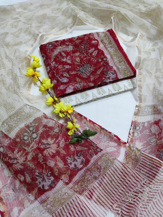 Handblock printed pure kota doria cotton 3 piece suit set