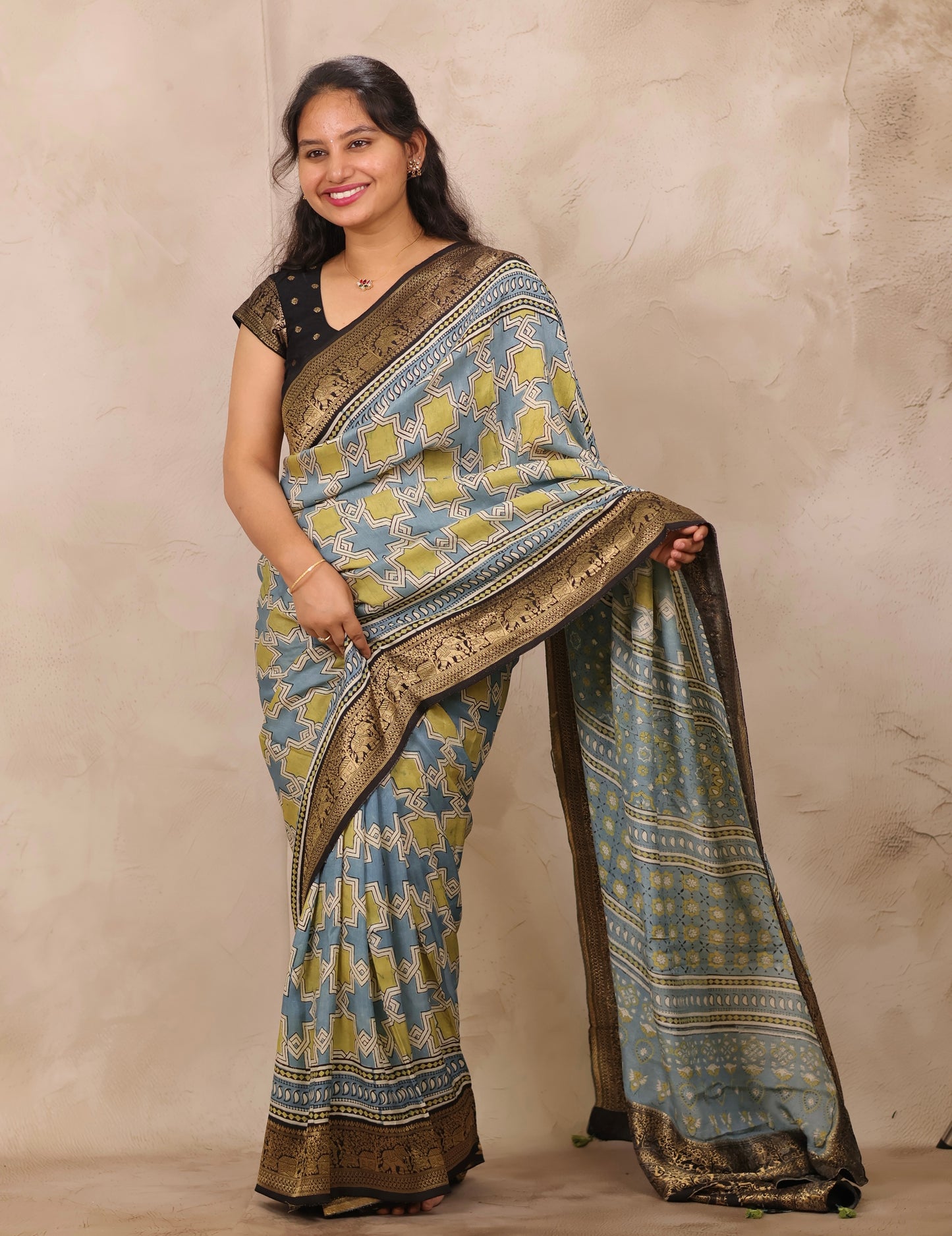 Sky Blue Ajrakh Handblock printed Dola Silk Saree | Looms & Tassels