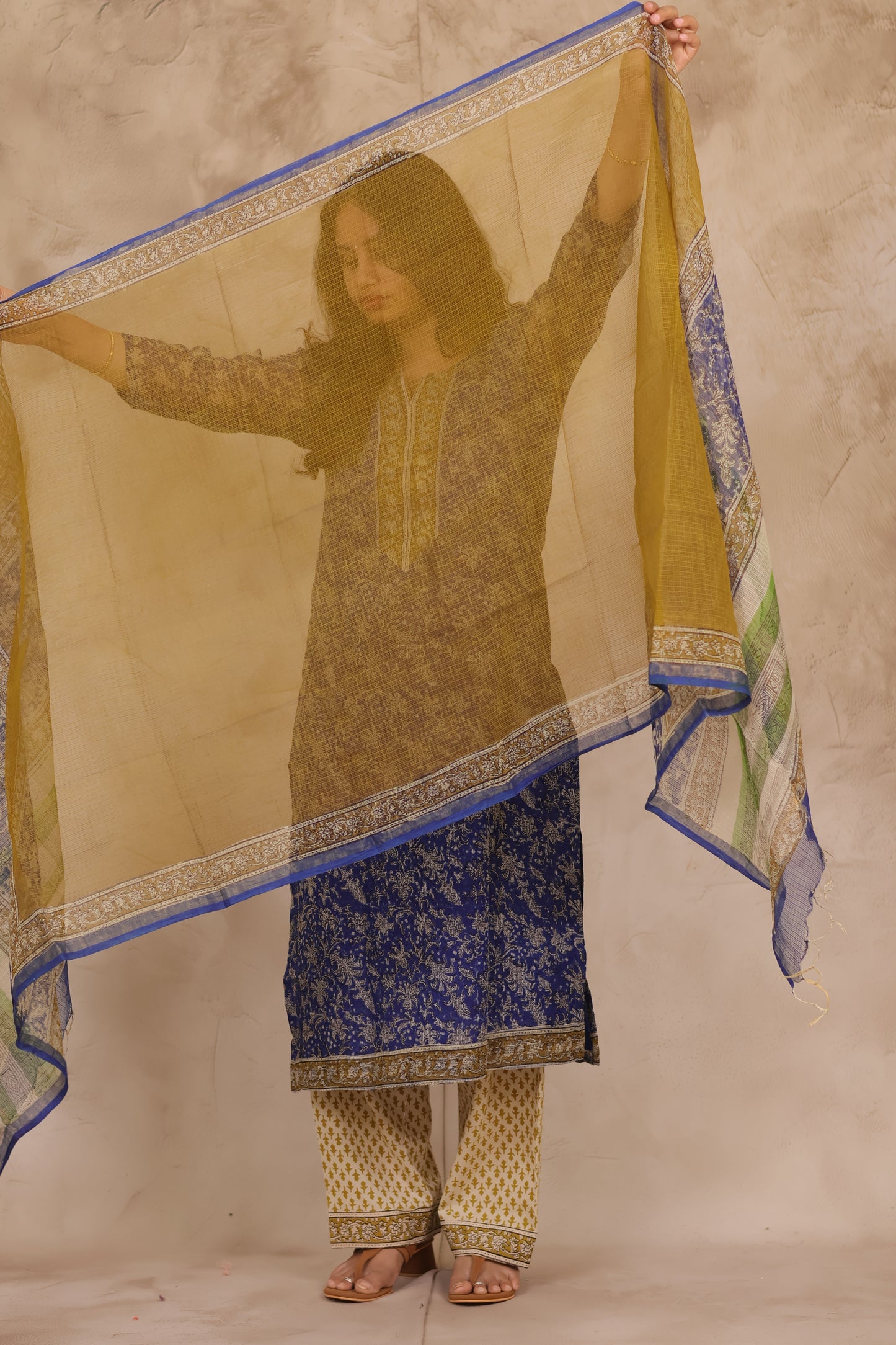 Blue Handblock printed kota 3 piece suit (stitched)
