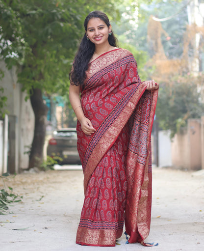 Maroon Butta Ajrakh Handblock Printed Dola Silk Saree