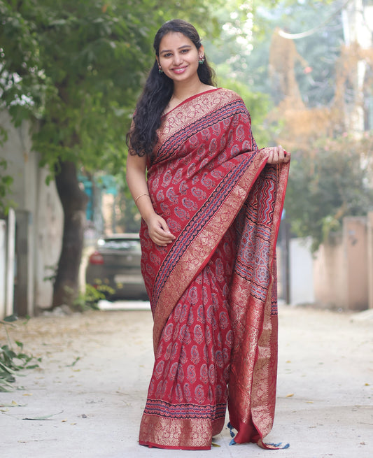 Maroon Butta Ajrakh Handblock Printed Dola Silk Saree