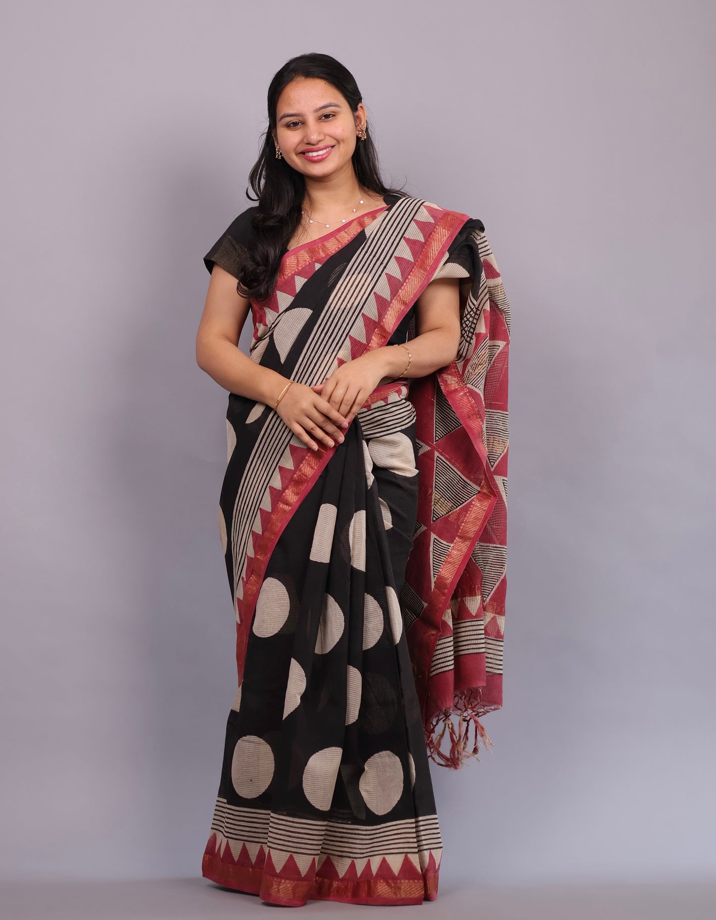 Black Bagru Hand Block Printed Maheswari Silk Cotton Saree