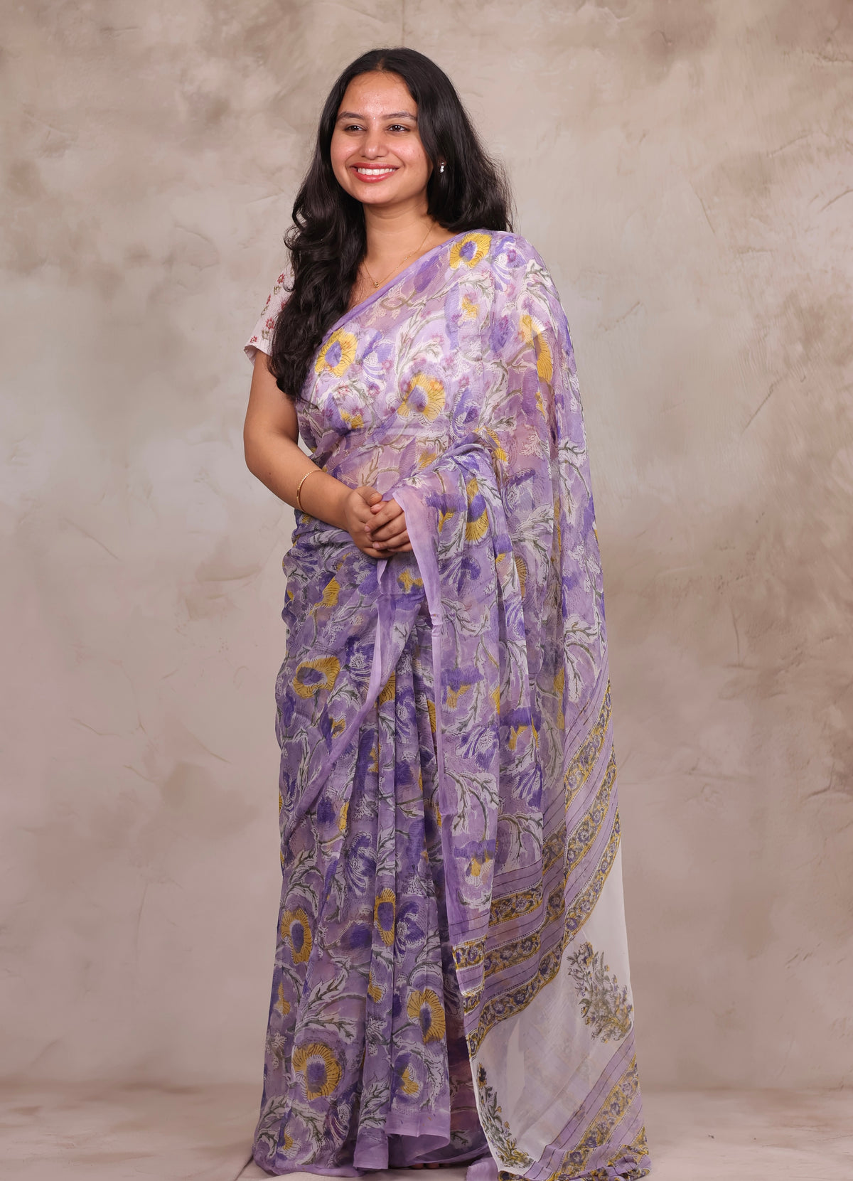Lavender Chiffon Hand Block Printed Saree | Looms & Tassels